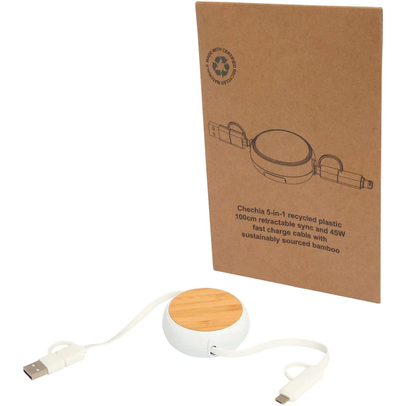 Chechia 5-in-1 recycled plastic 100 cm retractable data sync and 45W fast charge cable