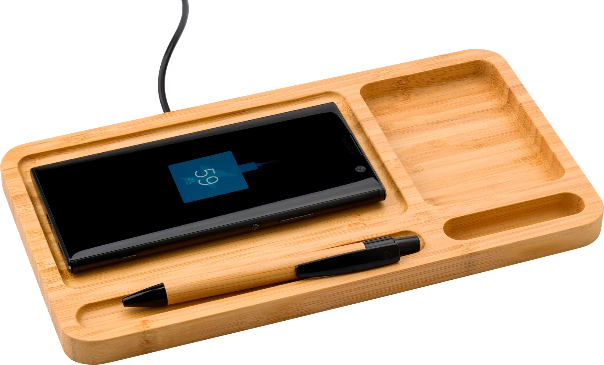 Bamboo desk organiser and charger