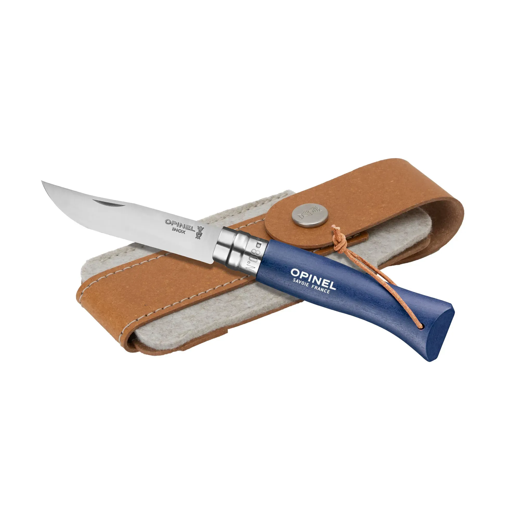 Opinel Colorama No 08 pocket knife in a belt pouch
