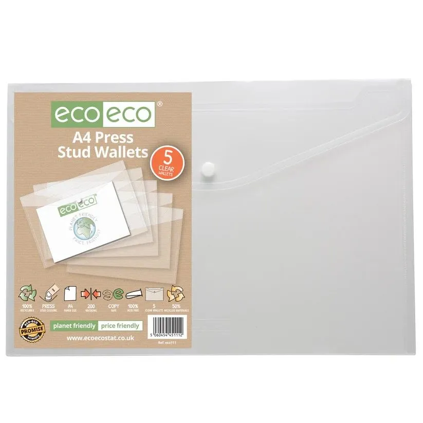 Eco-Eco A4 50% Recycled Clear Press Stud Wallet (UK Stock)