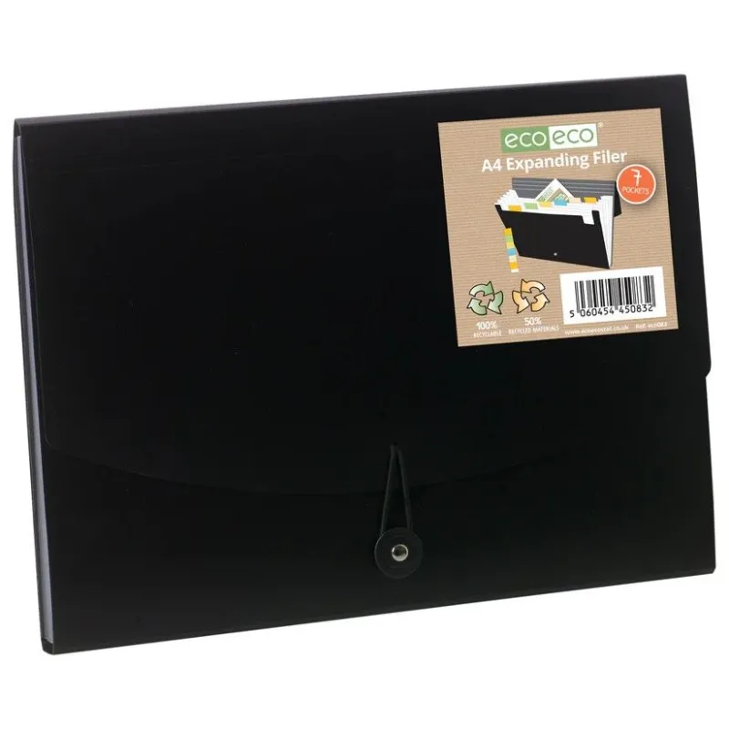 Eco-Eco A4 50% Recycled 7 Pocket Black Expanding File (UK Stock)