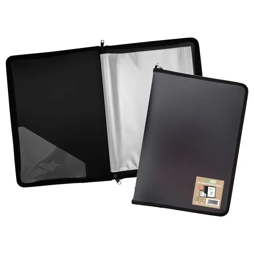 Eco-Eco A4 50% Recycled 30 Pocket Black Zipped Display Book (UK Stock)
