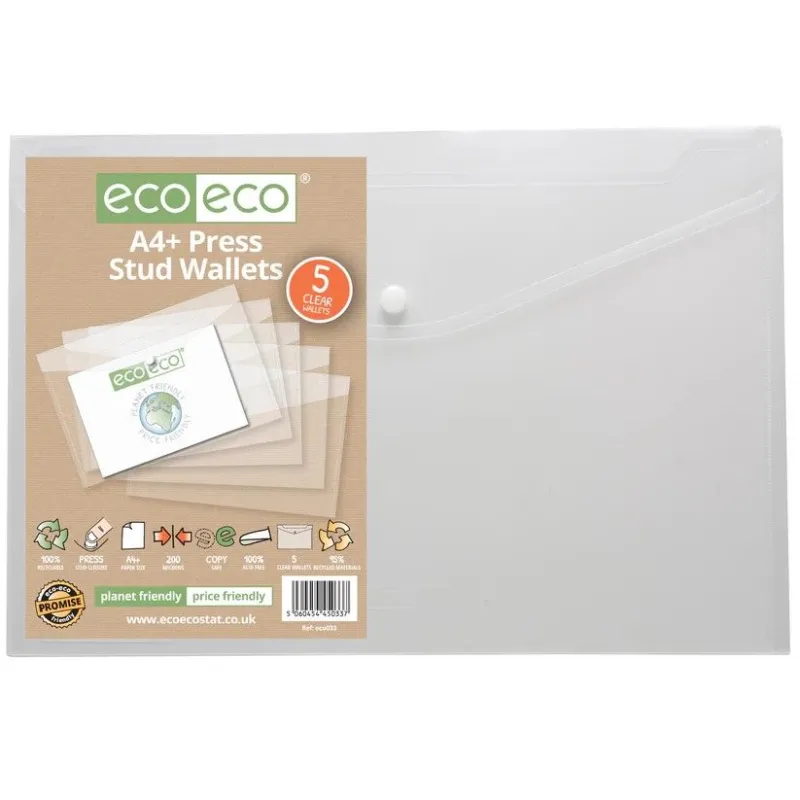 Eco-Eco A4+ 95% Recycled Clear Press Stud Wallet (UK Stock)