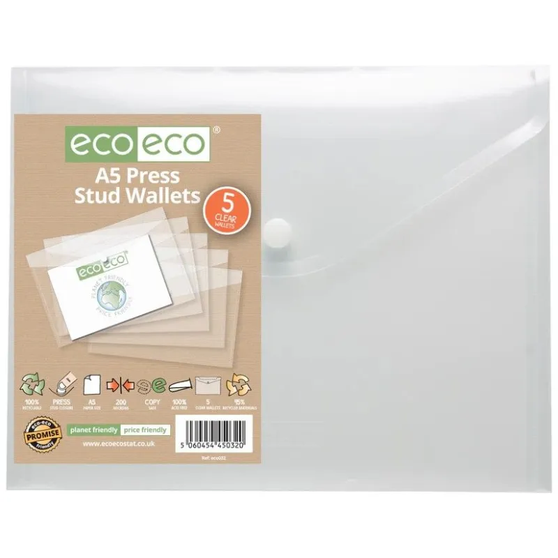 Eco-Eco A5 95% Recycled Clear Press Stud Wallet (UK Stock)
