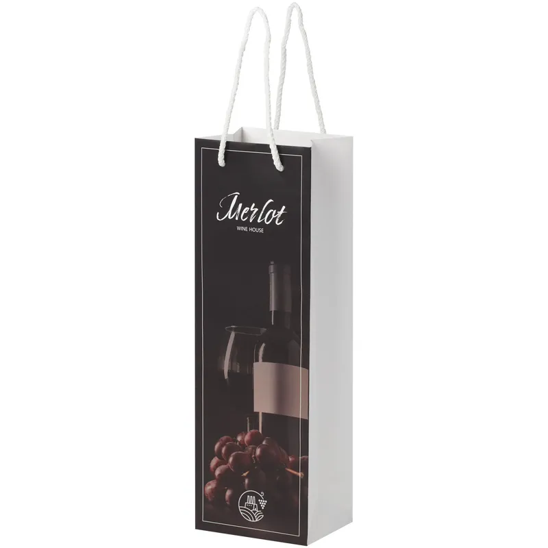 Handmade 170 g/m2 integra paper wine bottle bag with plastic cord handles - 12 x 9 x 37 cm